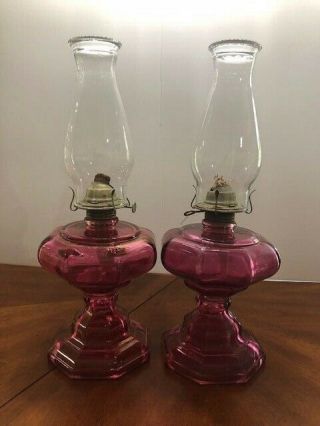 2 Vintage Oil Lamps Red Depression Glass With Globes In Antique