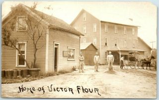 Vintage Rppc Photo Postcard Mill Scene Workers Horse Cart " Home Of Victor Flour "