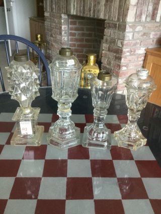 4 Antique Sandwich Glass Whale Oil Lamps (all With Repairs)