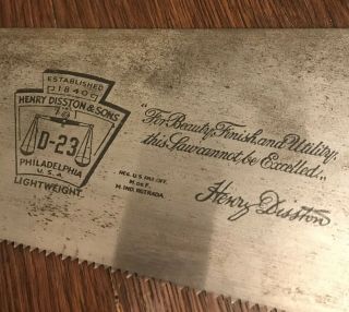 Henry Disston & Sons D 23 Lightweight 8 Point Hand Saw Vintage 2