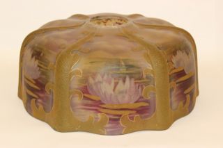 Large Antique Reverse Painted Water Lily Lamp Shade