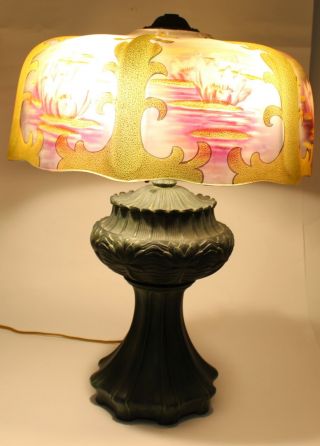 LARGE ANTIQUE REVERSE PAINTED WATER LILY LAMP SHADE 6