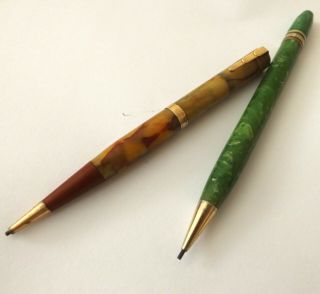 2 Vintage Mechanical Pencils Green Marble Gold Trim 1940 