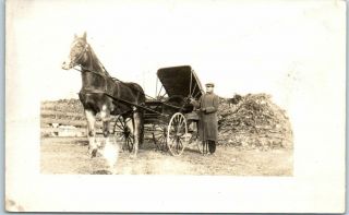 Vintage Rppc Real Photo Postcard Young Man W/ Horse & Cart - C1910s