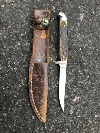 Antique Vintage Miniature Youth Stag Handle Hunting Knife By Queen With Sheath
