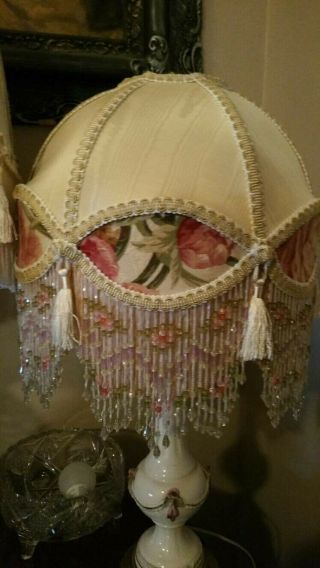 Victorian French Medium Infinity Shade In " Butter Cream/ Rose " With Bead Fringe