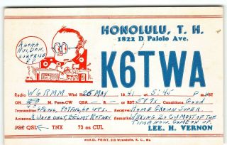 Charming Palolo K6twa Pre - War Amateur Radio Qsl Hawaii Wwii Homemade