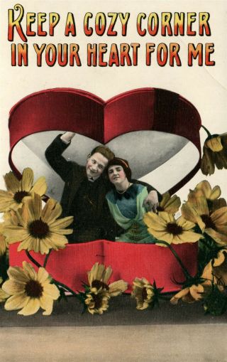 Romantic Couple In Heart Box Exaggerated Antique Postcard Collage