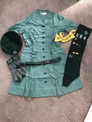 Vintage Girl Scouts Uniform,  Hat,  Sash,  Belt,  Socks,  And Bow Tie