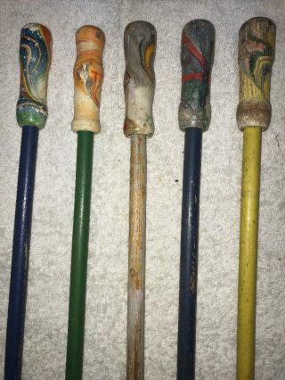 Vtg 5pc Set Wooden Walking Stick Cane Handle Carnival Prize Souvenir Colorful