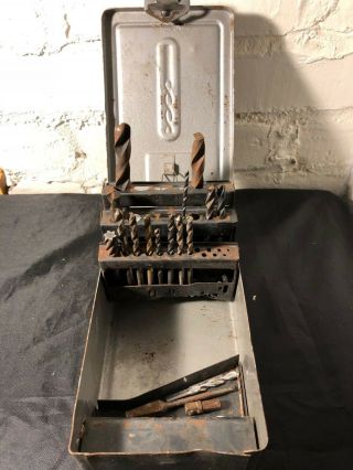 Vintage Industrial Metal Drill Bit Index Box With Various Bits