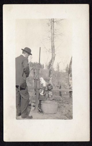 1904 - 1918 Rppc Girl Drinking For A Hand Pump Well Tin Wash Tub Man Watching Azo