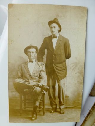 Rppc 2 Men With Hats Friendship Hand On Shoulder Antique Real Photo Postcard 1