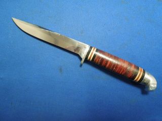Jc Higgins Made In Usa Fixed Blade Knife W/ Leaf Detailed Leather Sheath