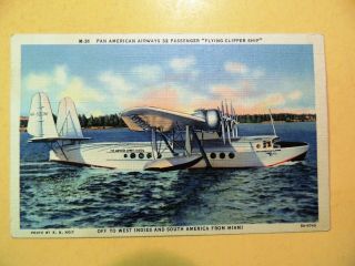 Pan American Airways Flying Clipper Airplane Linen Postcard 32 Passenger Miami