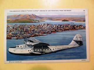 Pan American Airways China Clipper Airplane Linen Postcard Over San Francisco
