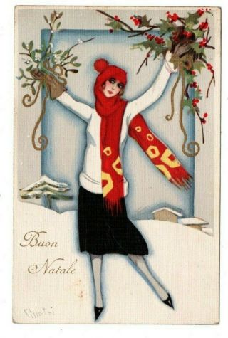 Merry Christmas Buon Natale Scarf Art Deco Woman Chiostri Artist Signed Postcard