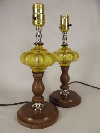 2 Retro Yellow Glass Teak Lamps Brass Small Vintage Antique Mid Century 1950s