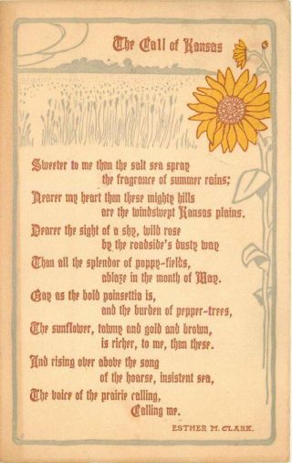 Arts Crafts Kansas Saying 1912 State Pride Sunflower Postcard 8841