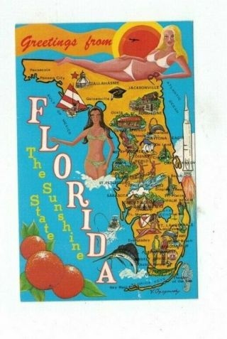 Fl Florida Vintage Post Card Greetings From Florida And Map Of State