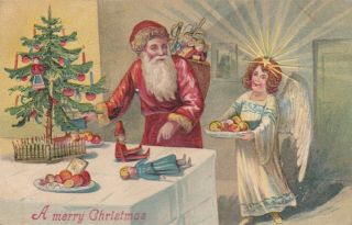 A Merry Christmas,  Santa With Angel,  German American Novelty Art Series 1048