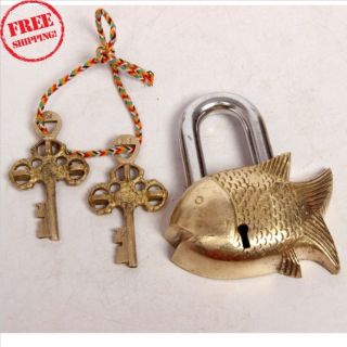 Vintage Old Antique Style Brass Handcrafted Fine Fish Shape Pad Lock With Key