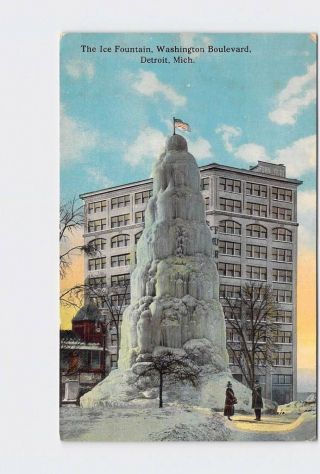 Antique Postcard Michigan Detroit Washington Boulevard Ice Fountain