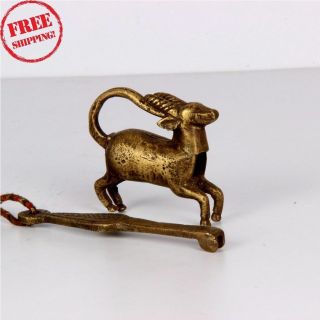 Vintage Old Antique Brass Handcrafted Deer Shape Pad Lock With Key,  Collectible