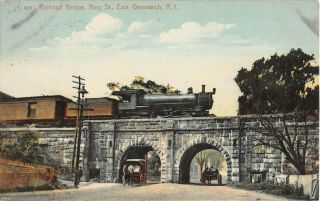 1912 Train On Railroad Bridge King St.  East Greenwich Ri Post Card
