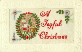 Pc Ww1 Silk Embroidered Church Christmas Greetings Card C1914