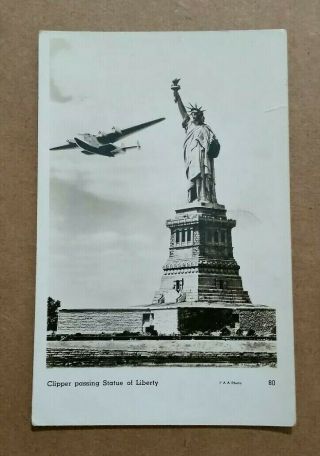 Pan American Airways Clipper Airplane Flying Past Statue Of Liberty,  Rppc,  1946