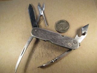 Vtg Oriental Japanese Sterling Silver Sided Pocket Knife Multi Tool,  53.  7g