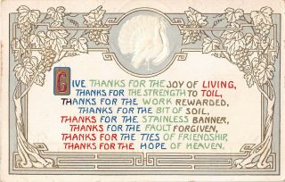 Turkey & Grapevines Around Old Thanksgiving Motto Postcard - Give Thanks For The J