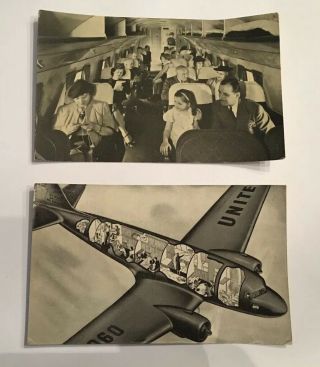 2 Vintage 1930’s United Airlines Mainliner Interior Aviation Postcards Ephemera