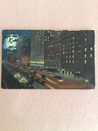 1915 Postcard Night On Michigan Ave.  Chicago South From Art Institute
