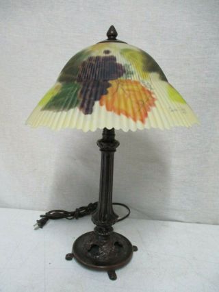 Signed 2002 Glynda Turley Lamp Hand Painted Grape Glass Shade Antique Brass Base