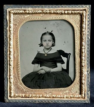 Lovely 1/6 Plate Ambrotype - A Little Princess Wearing Coral Necklace & Locket