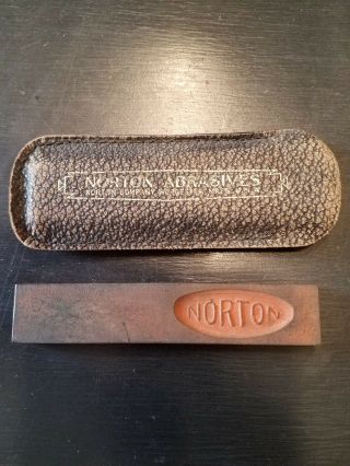 Vintage Norton Abrasives Pocket Sharpening Stone With Leather Case Worcester Ma