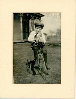 Antique Photo Boy On A Tricycle With A Chicken On The Handle Bars
