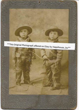 2 Little Cowboys Full Gear With Lasso Antique Photograph / Adorable