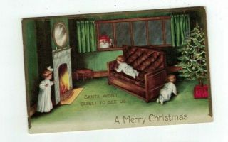Antique Embossed 1912 Christmas Post Card Children Hide From Santa In Window