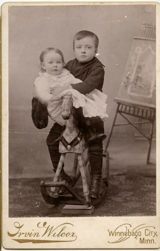 Cabinet Card Photo Of Brother & Sister On A Rocking Horse