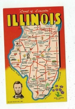 Il Illinois Vintage Post Card Map Of Illinois " Land Of Lincoln "