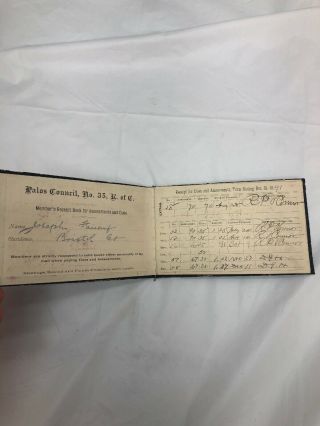 Knights Of Columbus 1891 Old Dues Receipt Book Bristol Connecticut Palos Council