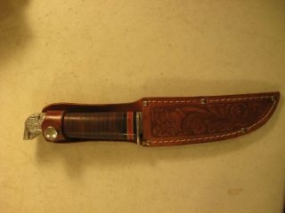 Vintage Schrade 141 Hunting Knife With Bear Head On The Handle Leather Sheath