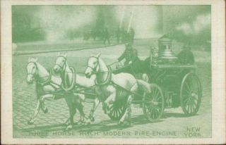 York City Fire Fighting Horse Drawn Green Tint Fdny C1905 Postcard