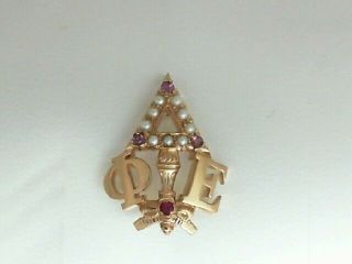 Delta,  Phi,  Epsilon Sorority Pin,  10k Yellow Gold,  With Pearls And Ruby