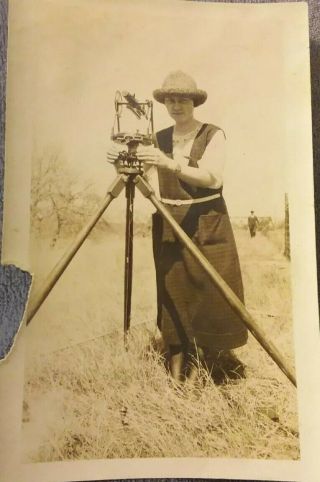 Vintage Old 1920s Photo Of Woman & Transit Level Surveyor Tripod In Kansas