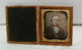 Daguerreotype Photo In Leather Case Gentleman Fancy Hairdo 1/6 Plate