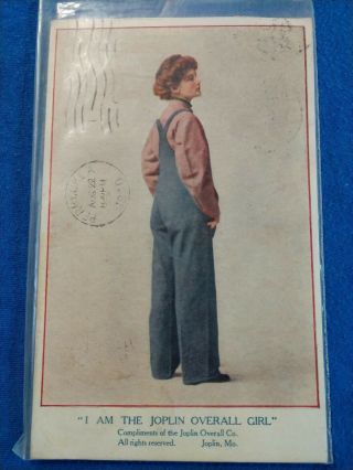 Vintage " I Am The Joplin Overall Girl " Postcard 1910 Joplin Mo Overall Co.